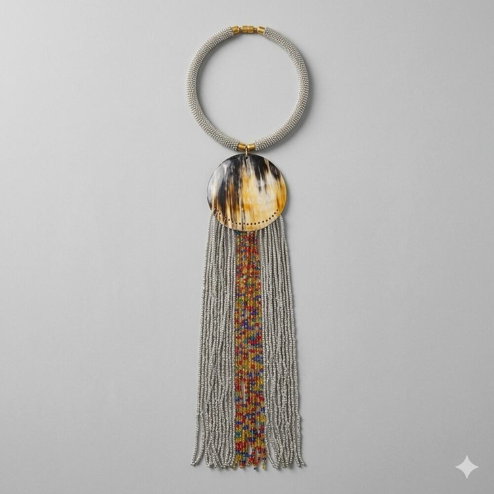 Vintage African Maasai Beaded Fringe Statement Necklace Natural Cow Horn 22"